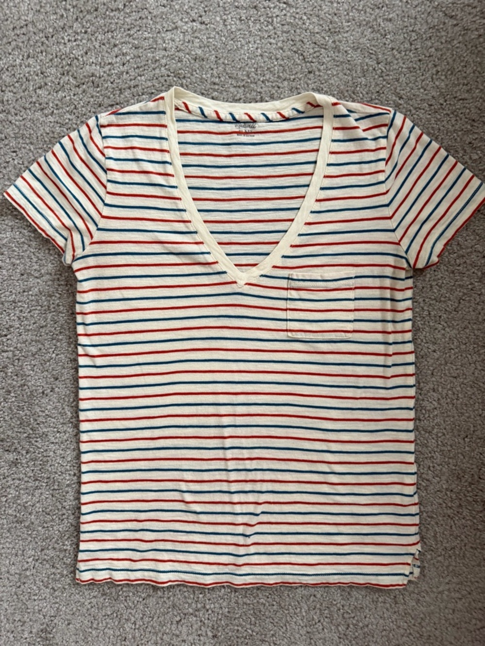 Madewell Cream Tee with Red & Blue Stripes